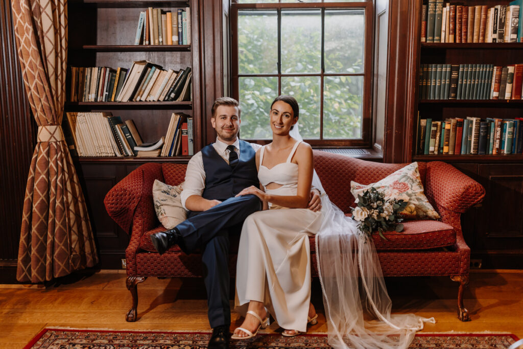 Newlyweds in a historic home library