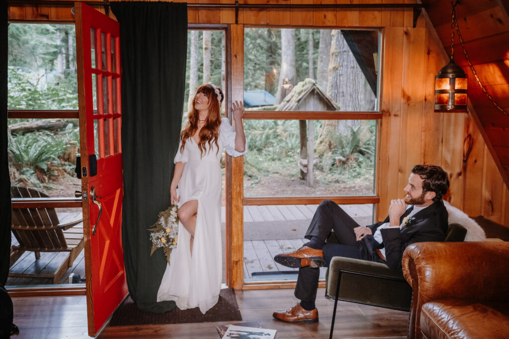 Bride and Groom portrait in a beautiful mid-century cabin. 
